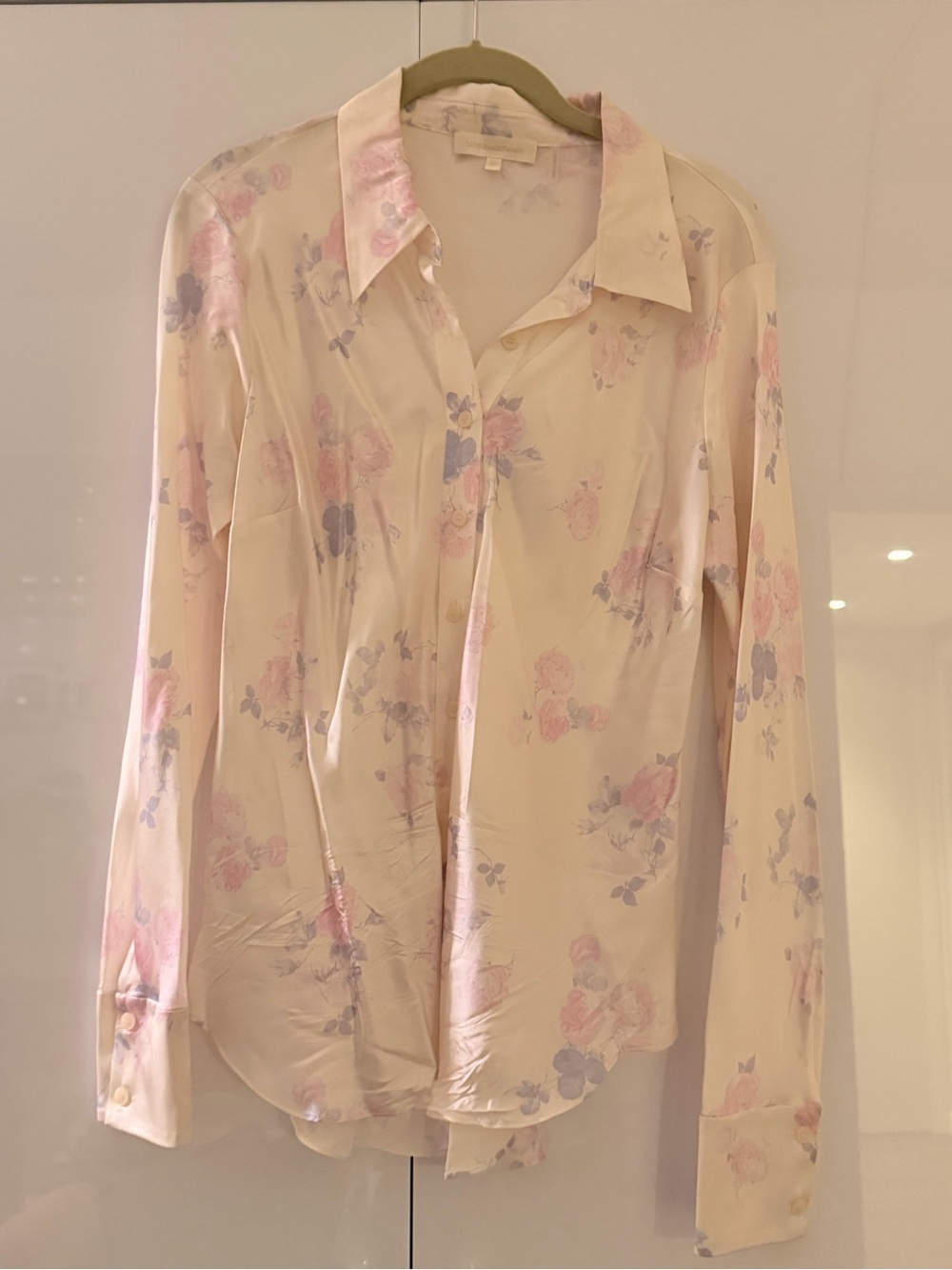 LoveShackFancy Cream Floral Button-Down Blouse with Pink and Lavender Accents